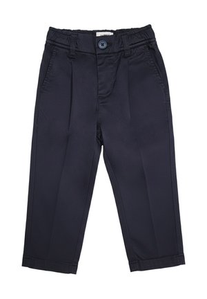 Pantaloni per bambini piccoli blu navy con vita elastica, chiusura con bottone, passanti per cintura, tasche laterali e pieghe frontali.