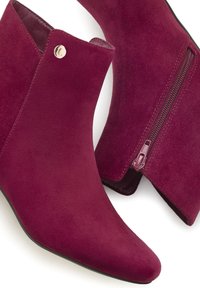 Burgunderfarbene Wildleder-Ankle Boots mit spitzer Zehenpartie, seitlichem Reißverschluss und subtilen metallischen Akzenten. Glatte Textur mit passgenauem Design.