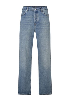 Blauwe rechte denim jeans met knoop- en ritssluiting aan de voorkant, ceintuurlussen en voorzakken op een witte achtergrond.
