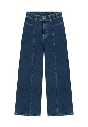 Wide-leg denim jeans in a dark wash, featuring a high waist, front pockets, and a smooth texture. Stitching is slightly contrasting.