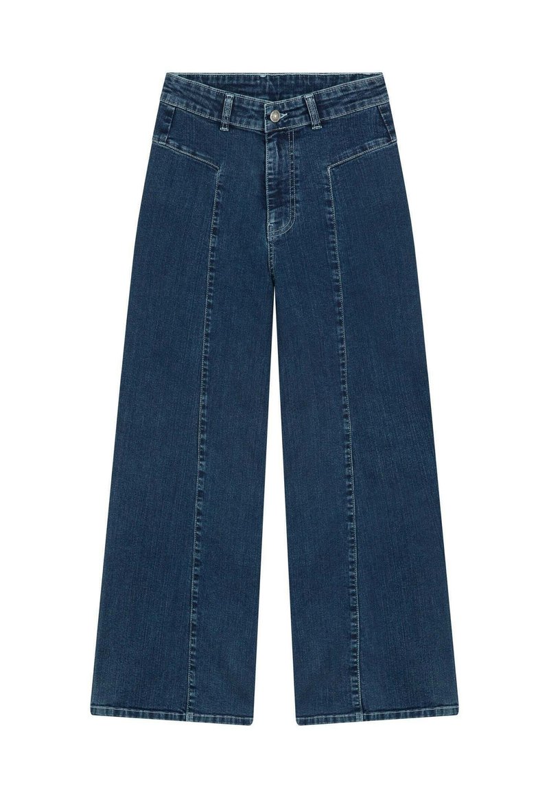Vidde denimjeans i en mørk vask med høj talje, frontlommer og en glat tekstur. Syningerne er let kontrasterende.