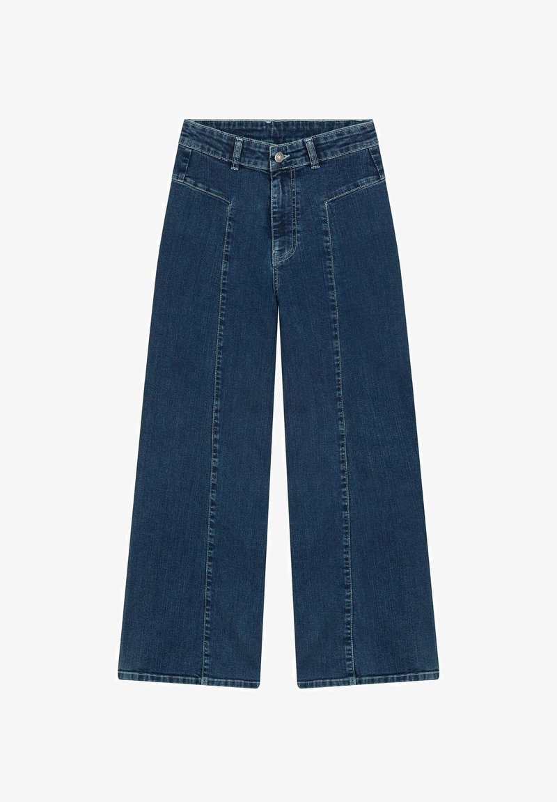 Wide-leg denim jeans in a dark wash, featuring a high waist, front pockets, and a smooth texture. Stitching is slightly contrasting.