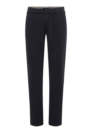 Marineblaue Chinos aus Baumwolle mit Knopfverschluss, zwei vorderen Falten und einem floral gemusterten Bund. Gerades Bein Design.