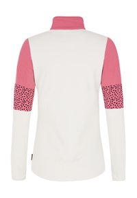 Dlhý rukáv pulóver s bielym telom, ružovými rukávmi a vzorovaným ružovým a čiernym akcentom na dolných rukávoch. Mäkko, ľahký materiál.