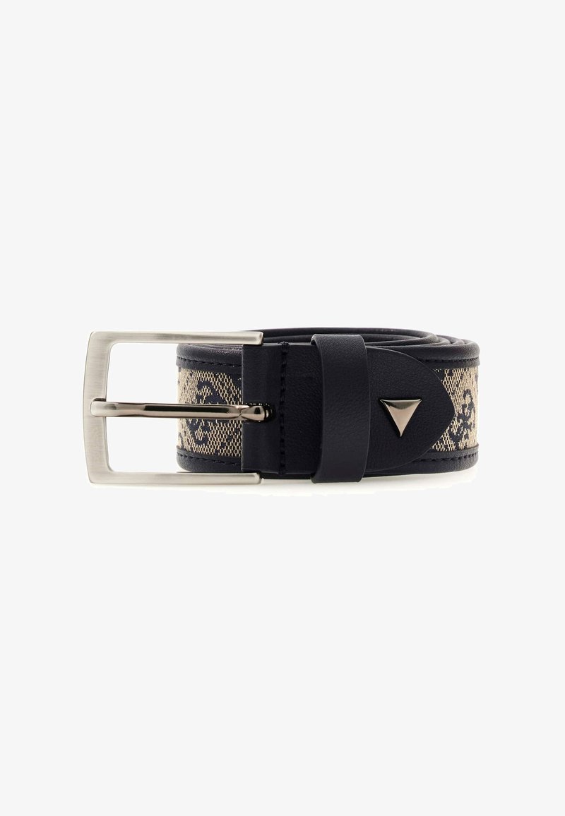 Ceinture en cuir noir roulée avec un motif tissé beige et noir, boucle rectangulaire en argent et clou triangulaire en argent à la pointe.