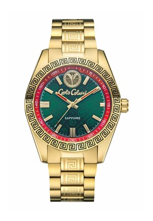 Guld armbåndsur med grøn urskive, rød minutring, gyldne timemarkører, geometriske mønstre på bezel og armbånd, og "Carlo Colucci" branding.