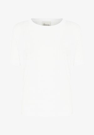 Balta trumpa rankovėmis marškinėliai, pagaminti iš minkštos medvilnės, su apvalia kaklo iškirpte ir laisvu siluetu, be matomų raštų ar akcentų.