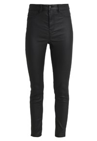 Černé, umělé kožené skinny džíny s vysokým pasem, s pěti kapsami, poutky na opasek a předním zipem s kovovým knoflíkem.