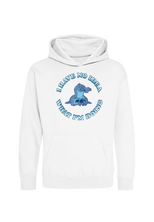 Witte hoodie met een blauwe luiaardillustratie in het midden en de tekst "I have no idea what I'm doing" rondom de luiaard.