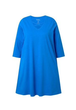 Tunika in cotone blu con scollatura a V e maniche tre quarti, caratterizzata da una vestibilità ampia e una texture liscia.