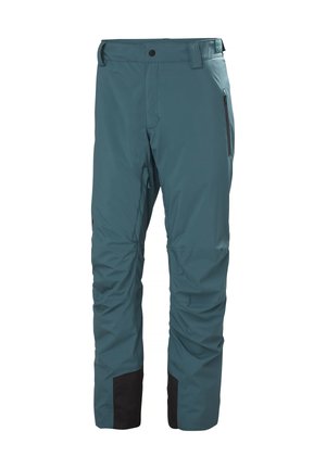 Pantalones de esquí impermeables en tono verde azulado con corte recto, que presentan detalles en negro en los dobladillos y cremalleras laterales para bolsillos seguros. Diseño de cintura alta.