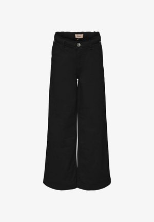 Zwarte wijde broek met hoge taille, ritsvlieg en knoopsluiting. Voorzien van zijzakken en een gladde textuur.