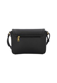 Sac à bandoulière en cuir noir texturé avec fermeture éclair dorée, rabat et bandoulière réglable. Comprend une poche zippée à l'avant pour un rangement supplémentaire.