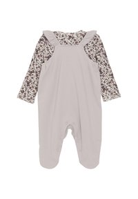 Lys grå overalls med blomsterdesign på langærmerne og flæseaccents, lavet af blødt stof, med trykknaplukninger i bunden.