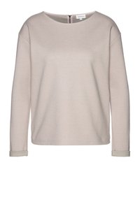 Haut à manches longues rose clair avec un col bateau. Tissu doux, poignets retroussés et détail de zip au dos. Coupe droite, texture lisse.