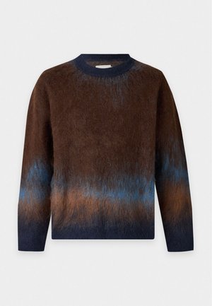 Un mannequin masculin se tient devant un fond blanc uni, vêtu d’un pull à rayures marron, bleues et bleu marine, d’un jean noir déchiré et de chaussures foncées.