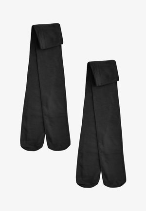 Czarne aksamitne szaliki z fałdowanym wzorem u góry, gładką teksturą i długim, prostokątnym kształtem. Odpowiednie do różnych opcji stylizacji.