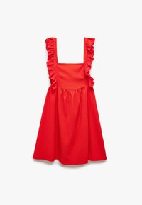 Rotes Kleid mit quadratischem Ausschnitt, Schulterruffeln und ausgestellt Rock. Hergestellt aus weichem Stoff mit einer glatten Textur.