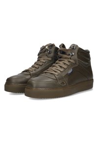 High-top sneakers in olive green leather, featuring textured panels, round toe, tonal laces, and a thick rubber sole with branding detail.