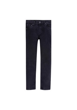 Schwarze Denim-Jeans mit Fronttaschen, Gürtelschlaufen und Knopfverschluss, flach auf weißem Hintergrund dargestellt.