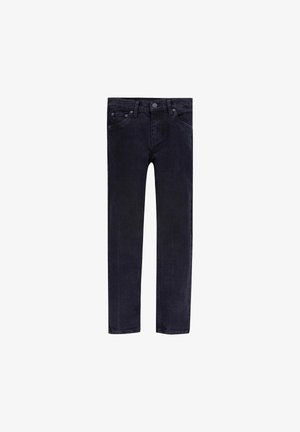 Sorte denimjeans med forlommer, bæltestropper og knaplukning, vist fladt på en hvid baggrund.