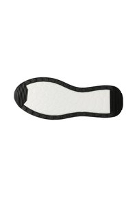 Schuhsohle mit schwarzem Außenrand und weißer, strukturierter Mitte, sechseckiges Muster in der Mitte, von unten auf weißem Hintergrund gezeigt.