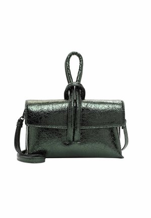Shiny black leather clutch bag with a looped strap handle on top and a detachable shoulder strap.