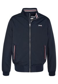 Marinefarvet bomberjakke med høj krave, hvide og røde striber, lynlåslukning og sidelommer. Fremstillet af glat, letvægtsstof.