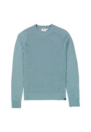 Suéter tejido de color azul claro con cuello redondo y puños acanalados. Tejido texturizado con pequeñas motas sutiles y diseño de ajuste relajado.