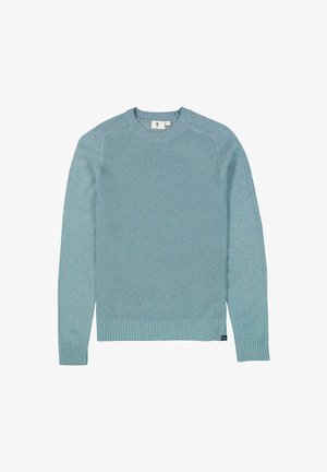 Hellblauer gestrickter Pullover mit Rundhalsausschnitt und gerippten Bündchen. Strukturierter Stoff mit dezenten Sprenkeln und einem legeren Schnitt.