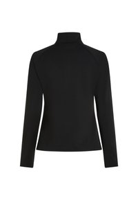 Sort langærmet top med høj krave, glat tekstur og raglanærmer, der har et enkelt, minimalistisk design uden mønstre eller detaljer.