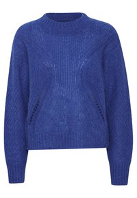 Blå stickad tröja i mjukt material med rund halsringning, texturerat mönster och sidoklipp för ventilation. Långa ärmar.