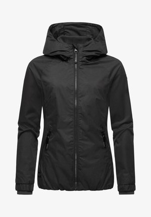 Juodas gobtuvas užtrauktuku, pagamintas iš lengvo medžiagos, turintis priekinį užtrauktuką, dvi šonines kišenes su užtrauktukais ir elastingus rankogalius, užtikrinančius tvirtą prigludimą.