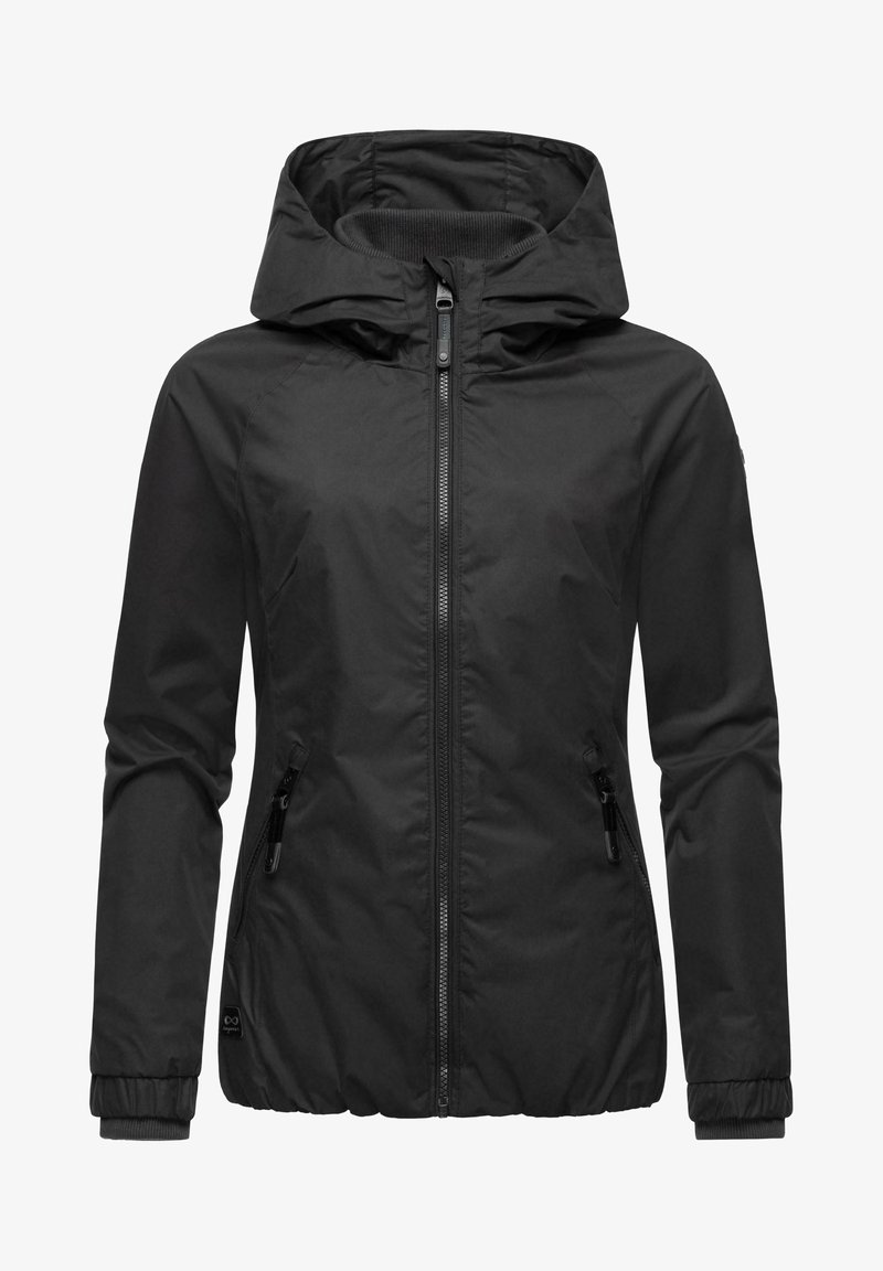 Juodas gobtuvas užtrauktuku, pagamintas iš lengvo medžiagos, turintis priekinį užtrauktuką, dvi šonines kišenes su užtrauktukais ir elastingus rankogalius, užtikrinančius tvirtą prigludimą.