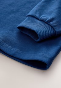 Camicia a maniche lunghe in cotone blu con polsini e orlo a coste, caratterizzata da una texture liscia e dettagli di cucitura puliti.