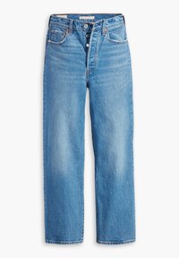 Jeans in denim blu chiaro a vita alta con gamba dritta, dotati di cinque tasche, chiusura con bottone e cuciture arancioni a contrasto.