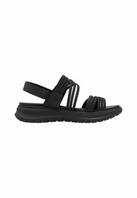 Crne sandale s višestrukim križnim trakama, udobnom podlogom i teksturiranom gumenom potplatom. Minimalistički dizajn s podesivom trakom oko gležnja.