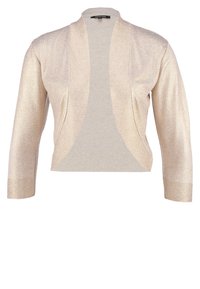 Metalen gouden cropped cardigan met open voorkant, lange mouwen en een gladde textuur. Heeft een subtiele glans over de hele stof.