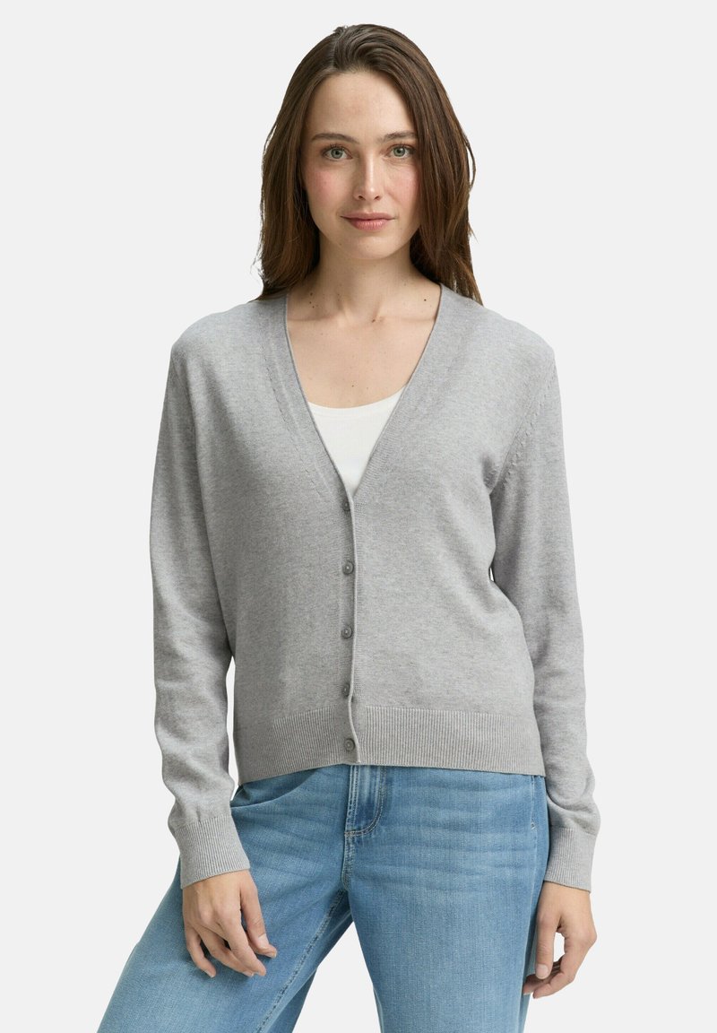 Cárdigan gris con escote en V, cierre de botones y puños de canalé. Llevado sobre una blusa blanca y combinado con jeans azules. Textura de punto suave.