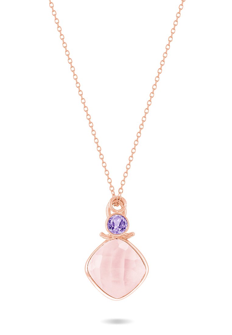 Collana con pendente in oro rosa, caratterizzata da una pietra di quarzo rosa a forma quadrata con un accento di gemma rotonda di colore viola sopra. Design della catena delicato.