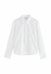 Chemise blanche à manches longues en coton lisse. Dispose d'un col classique, d'une fermeture à boutons à l'avant et d'une coupe droite avec des poignets boutonnés.