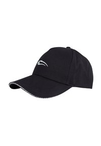 Black cap made of fabric with a stiff brim, featuring a white logo on the front and a contrasting patterned trim along the brim's edge.