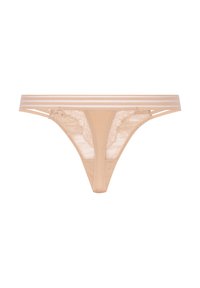 Beige Slip mit Spitzen-Seitenteilen und glattem Frontteil. Verfügt über einen weichen elastischen Bund mit zwei horizontalen Streifen.