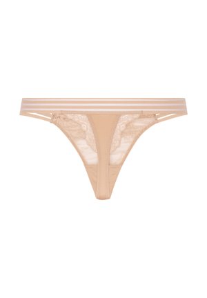 Beige Slip mit Spitzen-Seitenteilen und glattem Frontteil. Verfügt über einen weichen elastischen Bund mit zwei horizontalen Streifen.