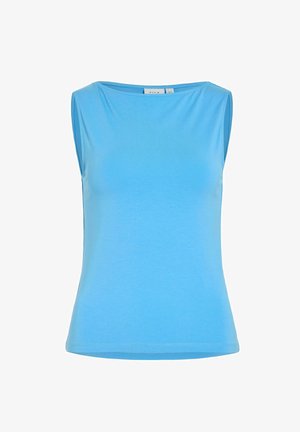 Ärmelloses, hellblaues Damenoberteil mit U-Boot-Ausschnitt, tailliertem Schnitt und glatter Stofftextur.