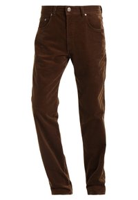 Bruna kordfløyelsbyxor med rak benpassform, som har framfickor, metallknappstängningar och en mjuk, strukturerad yta.