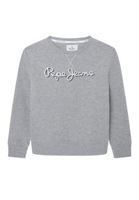 Felpa grigia in cotone, con collo tondo, maniche lunghe, polsini a coste e un grande logo "Pepe Jeans" in stile corsivo sulla parte anteriore.
