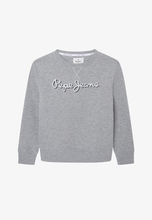 Felpa grigia in cotone, con collo tondo, maniche lunghe, polsini a coste e un grande logo "Pepe Jeans" in stile corsivo sulla parte anteriore.