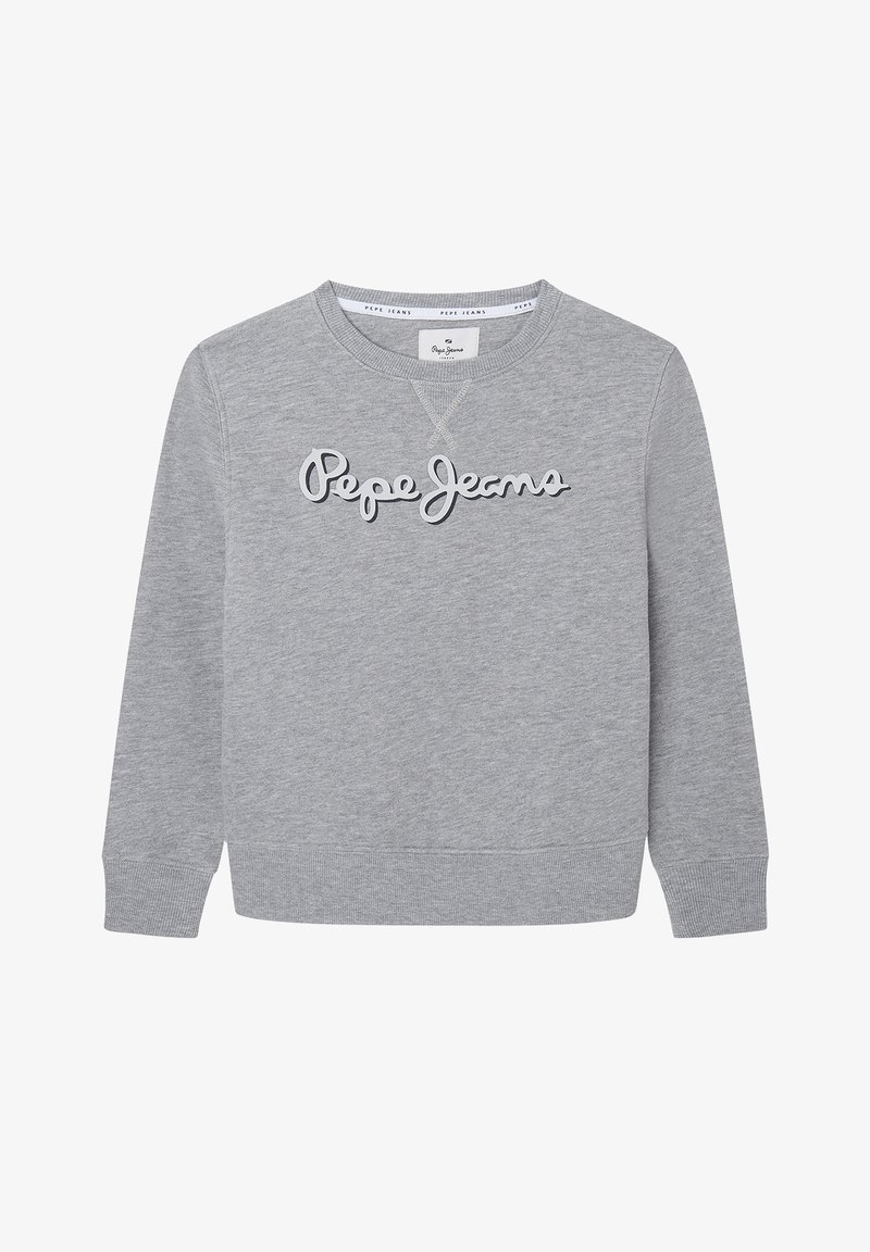 Felpa grigia in cotone, con collo tondo, maniche lunghe, polsini a coste e un grande logo "Pepe Jeans" in stile corsivo sulla parte anteriore.
