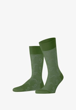 Grüne Baumwollsocken mit einem dezenten Paisleymuster, gerippten Bündchen und verstärkter Spitze und Ferse für Langlebigkeit.
